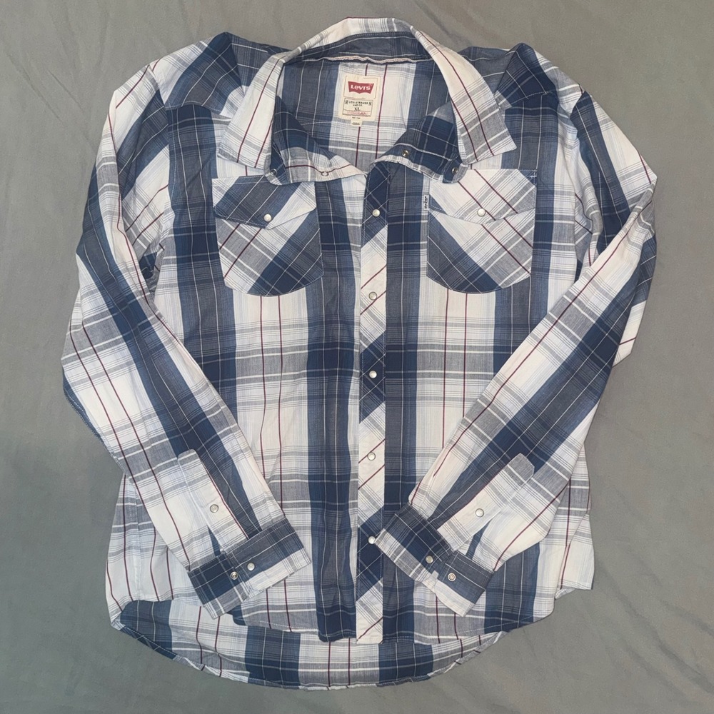 Levis Red Tab Mens XL Regular Western Pearl Snap Plaid Shirt Blue White Long Slv